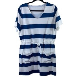 Belinda Cinched Waist with Tie Blue‎ and White Striped Short Sleeve Mini Dress